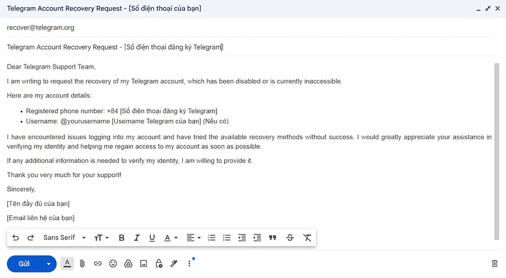 Gửi thư Gmail yêu cầu khôi phục tài khoản