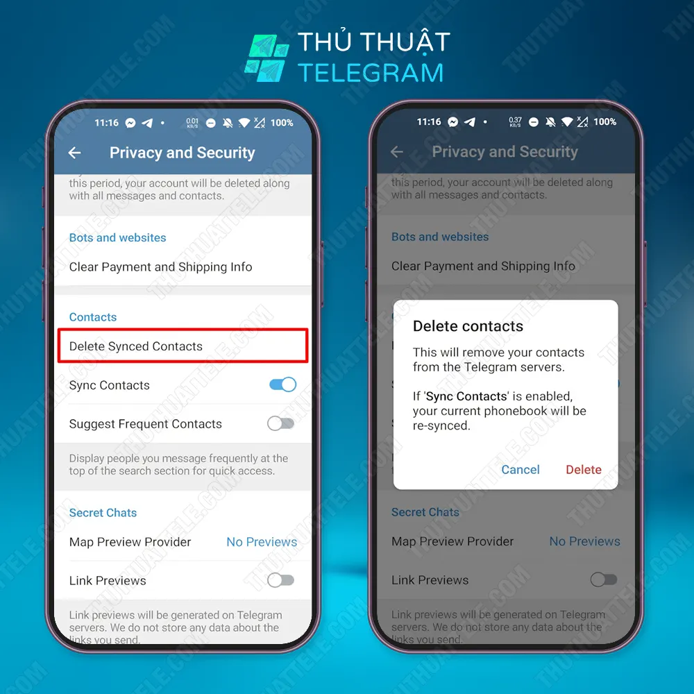 Cách xóa tất cả danh bạ Telegram trên Android