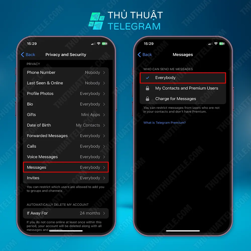 Cài đặt quyền riêng tư hạn chế nhận tin nhắn
