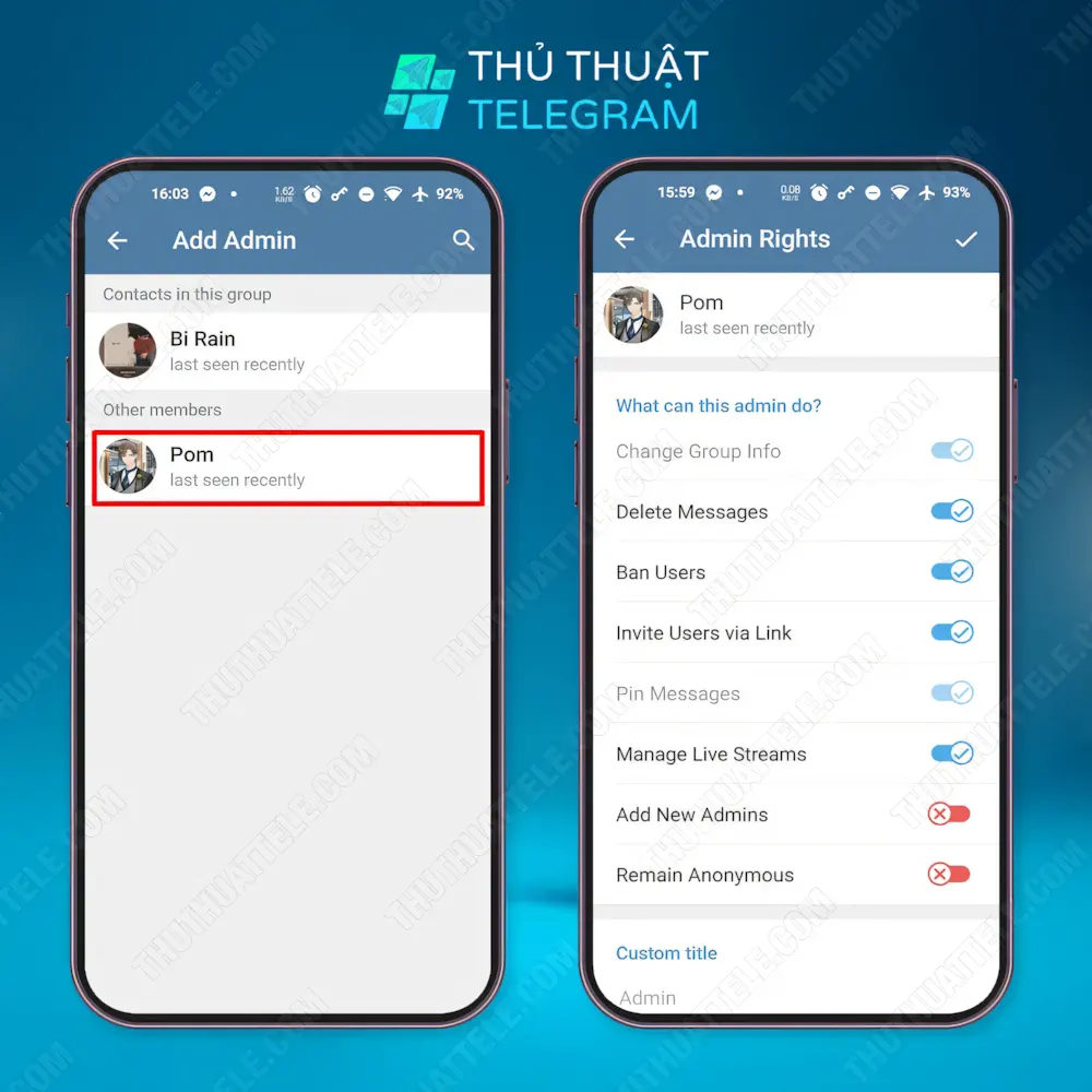 Cách cấp quyền cho thành viên và thêm quản trị viên trên Android