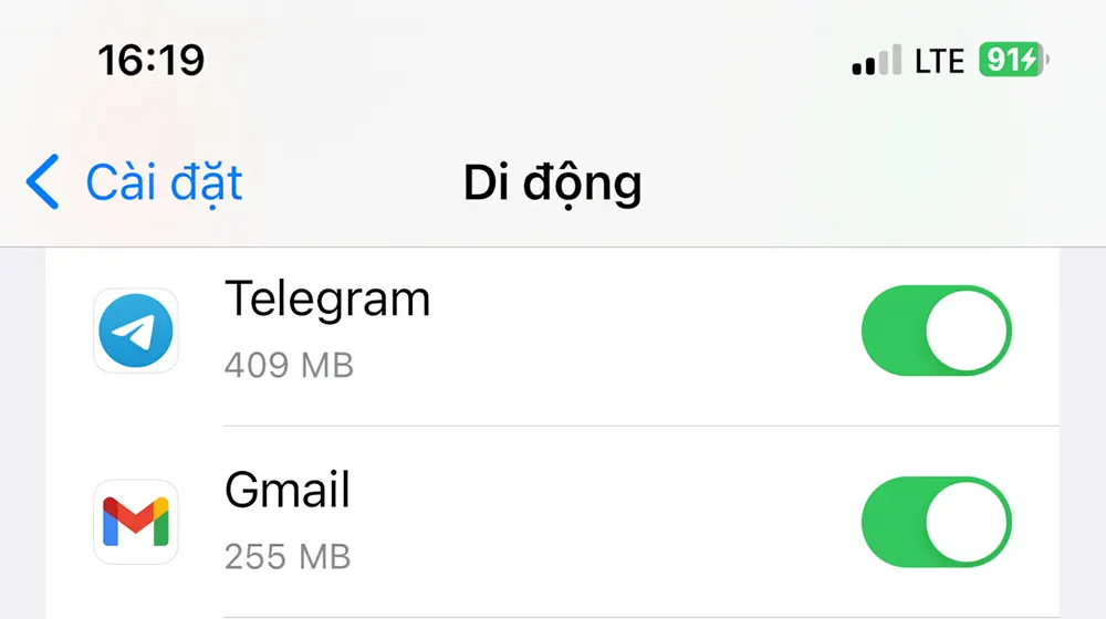 Quyền sử dụng dữ liệu di động bị tắt
