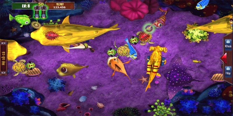 Hệ thống sinh vật biển đa dạng với hơn 50 loài cá, mang giá trị thưởng khác nhau